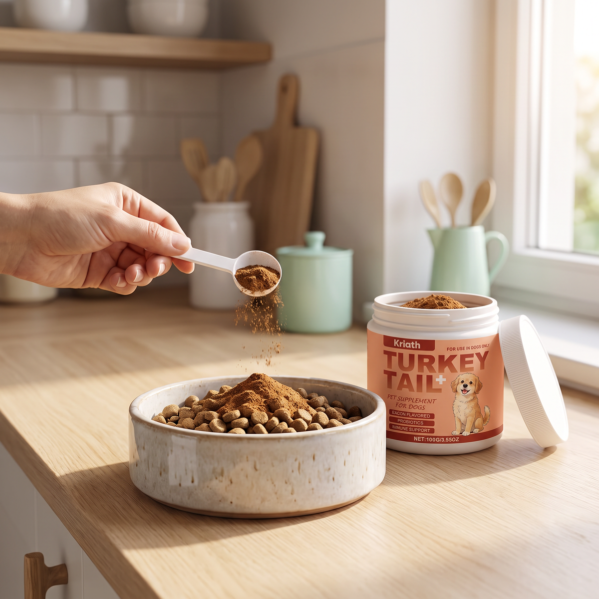 Dog owner adding turkey tail immune support powder to their dog's food in the kitchen