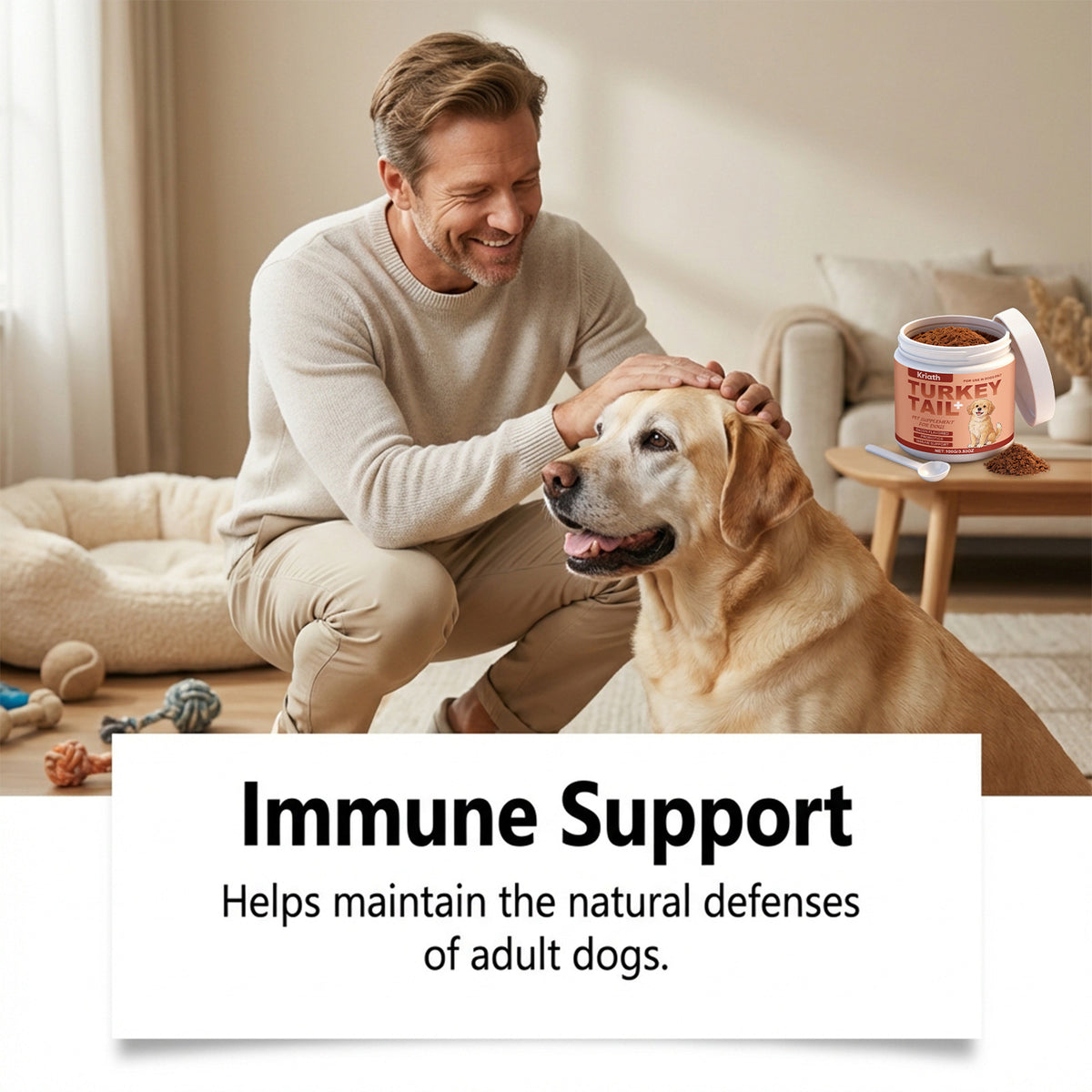 Golden retriever sitting beside an open tub of turkey tail immune support powder for dogs