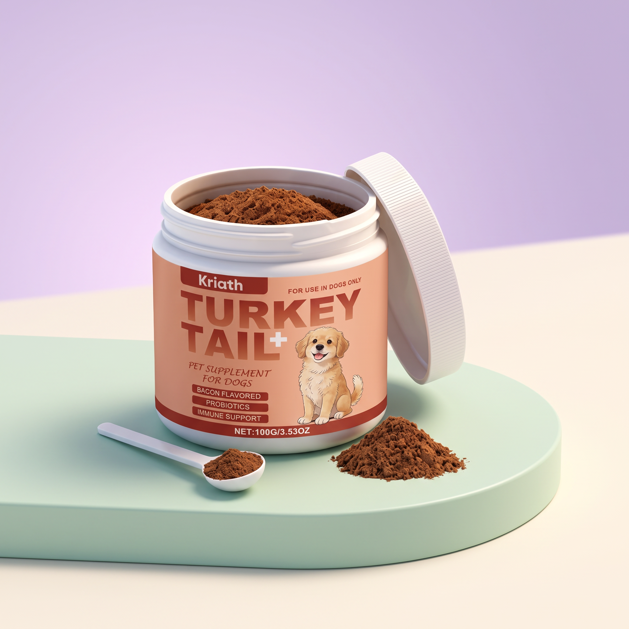Turkey tail and reishi immune support powder for dogs, 100 g tub with measuring spoon