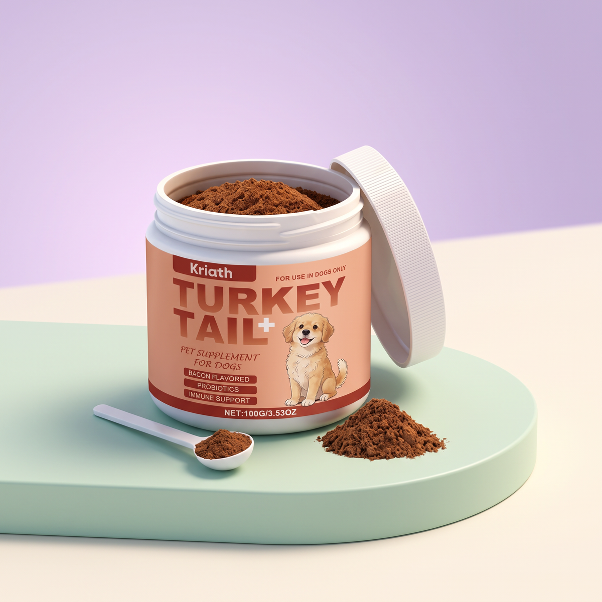 Turkey tail and reishi immune support powder for dogs, 100 g tub with measuring spoon