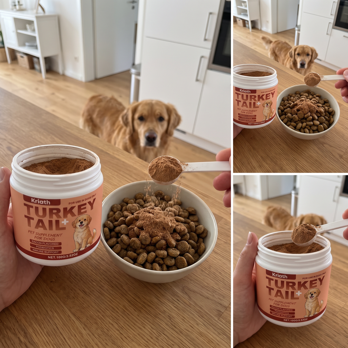 Scoop of turkey tail immune support powder being stirred into a bowl of dog food